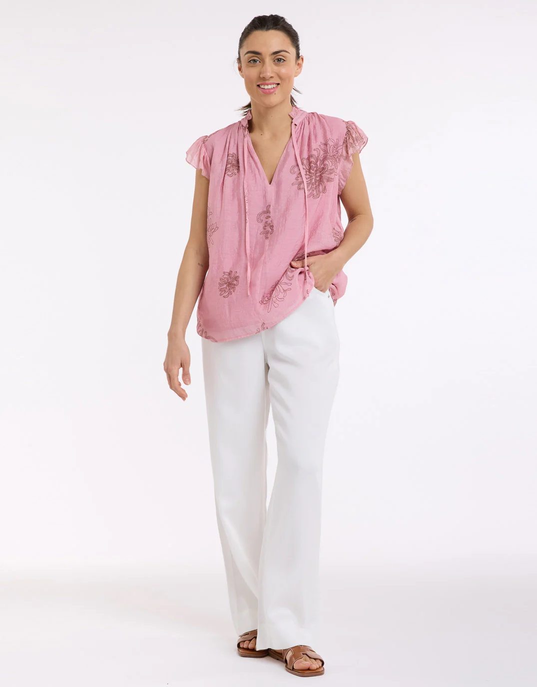 Frill Neck Top - Choc/Pink - Image 3
