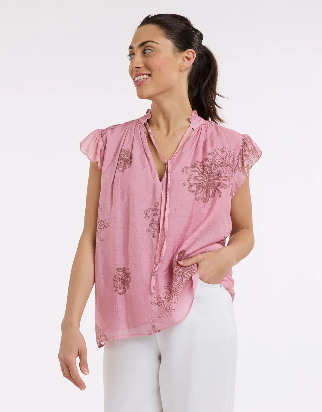 Frill Neck Top - Choc/Pink - Image 4