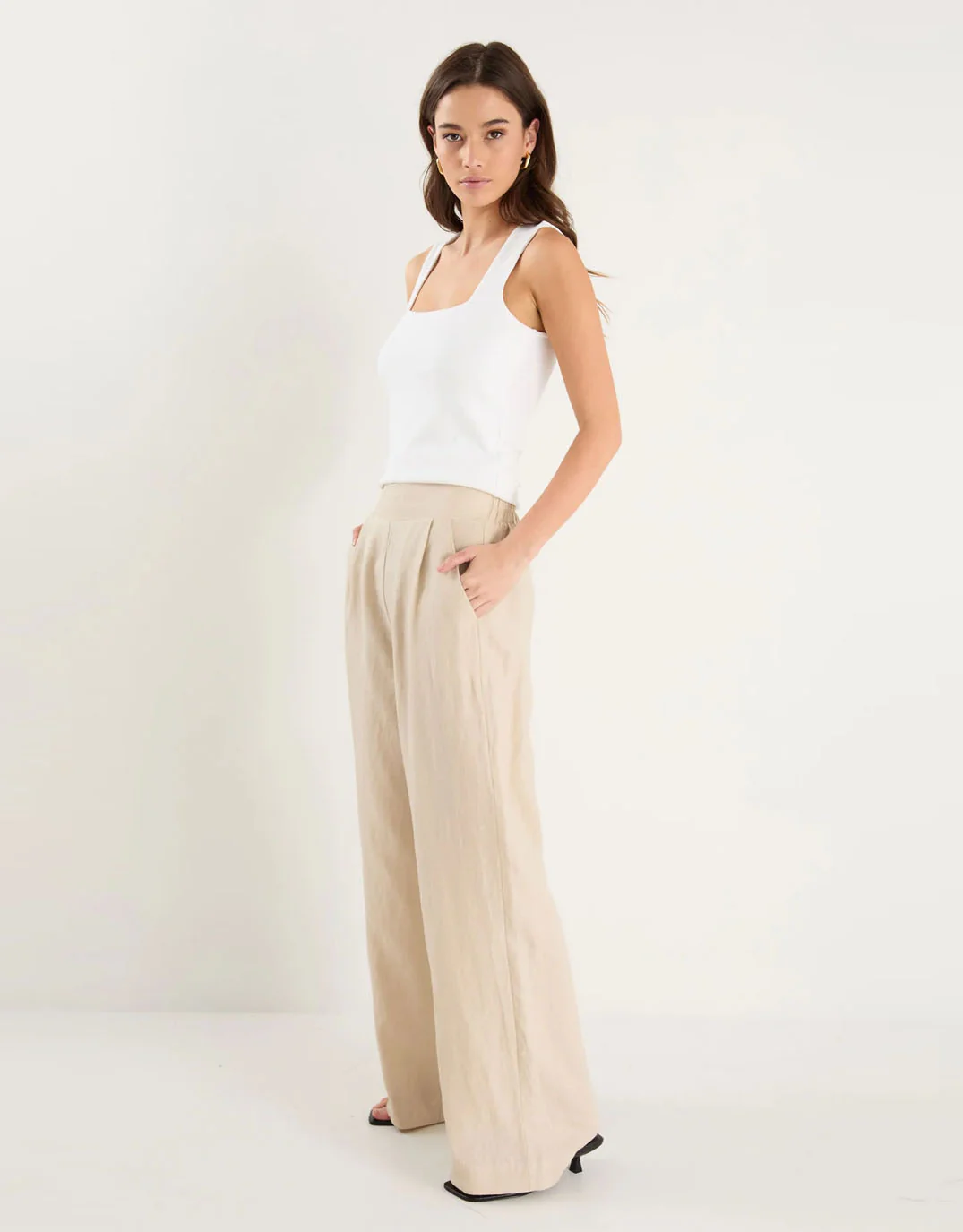 Guardian Linen Pull On Wide Leg Pants - Stone - Image 3