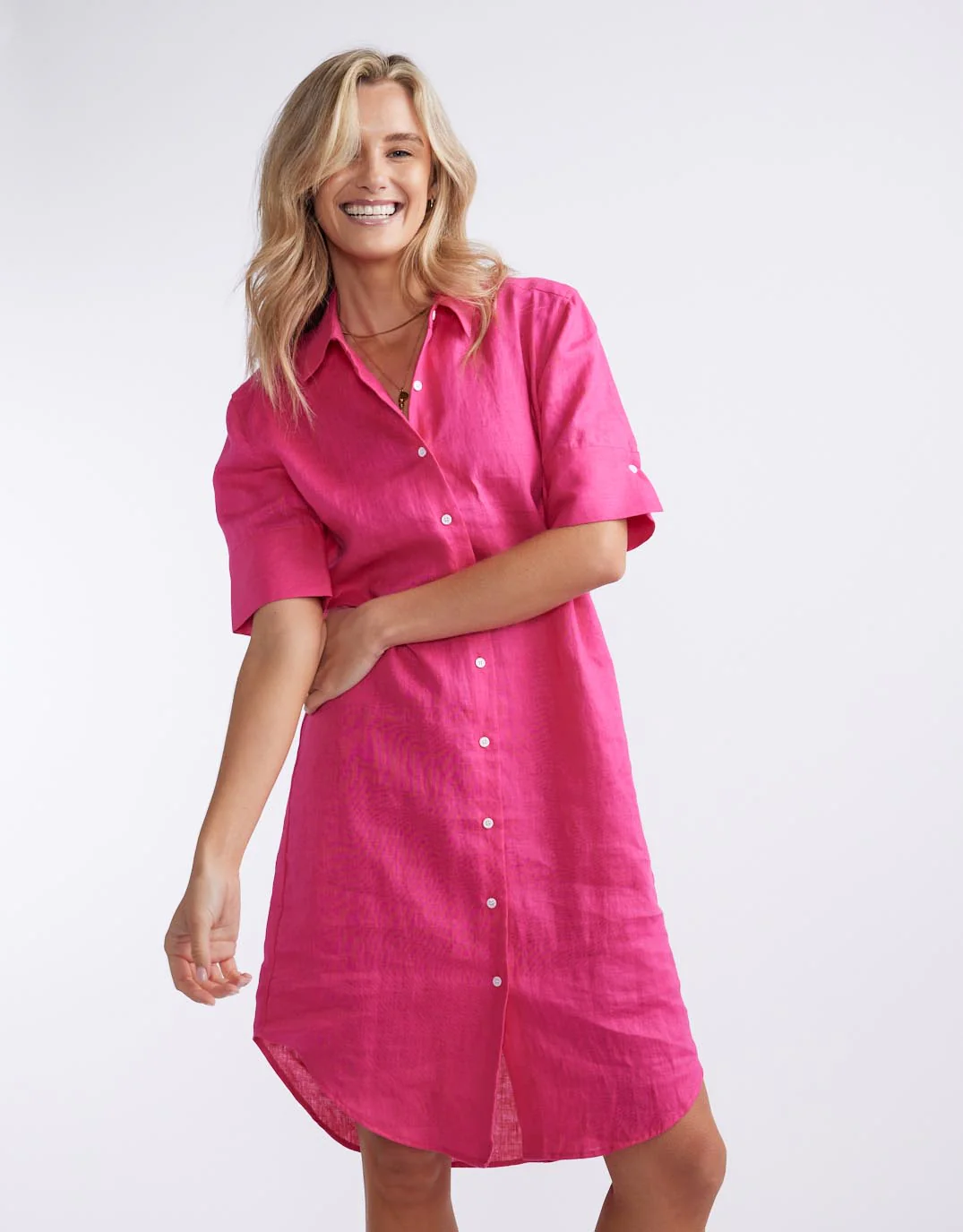 Hettie Linen Shirt Dress - Fuchsia - Image 3