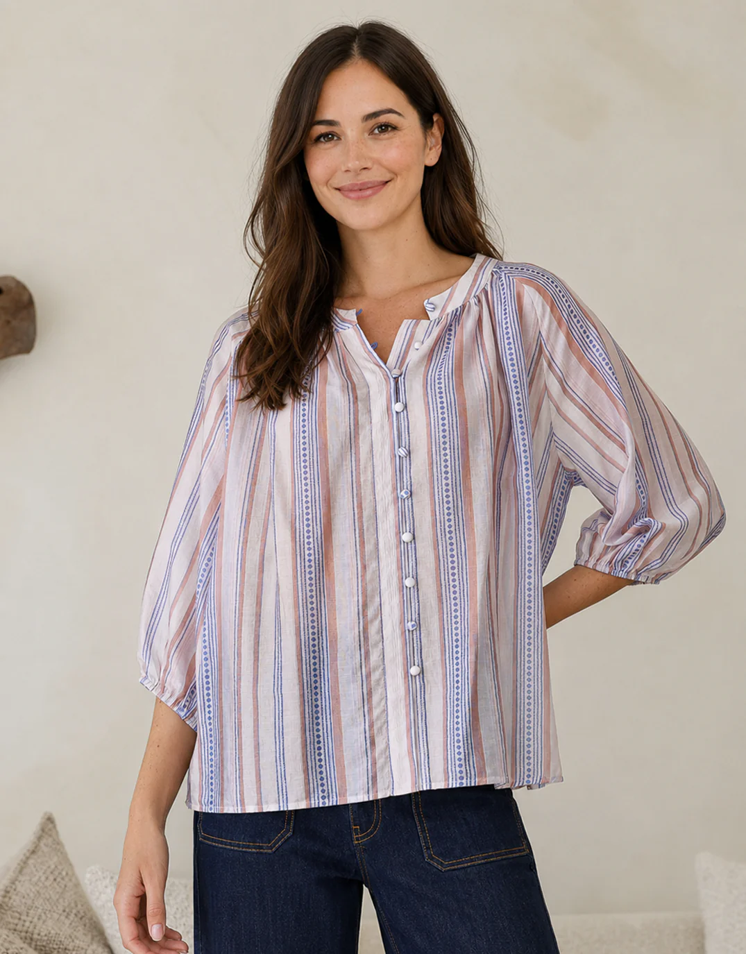 Malta Blouse - Blue/Blush Stripe - Image 2