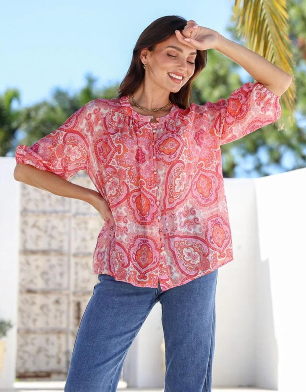 Malta Blouse - Red/Pink Paisley