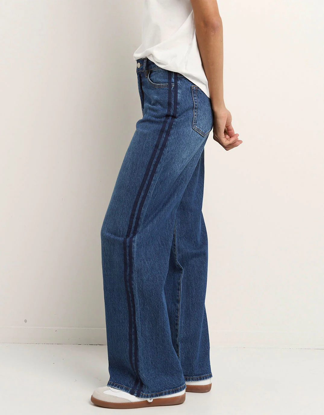 Manhattan Mid Rise Side Stripe Wide Leg Jean - Mid Blue
