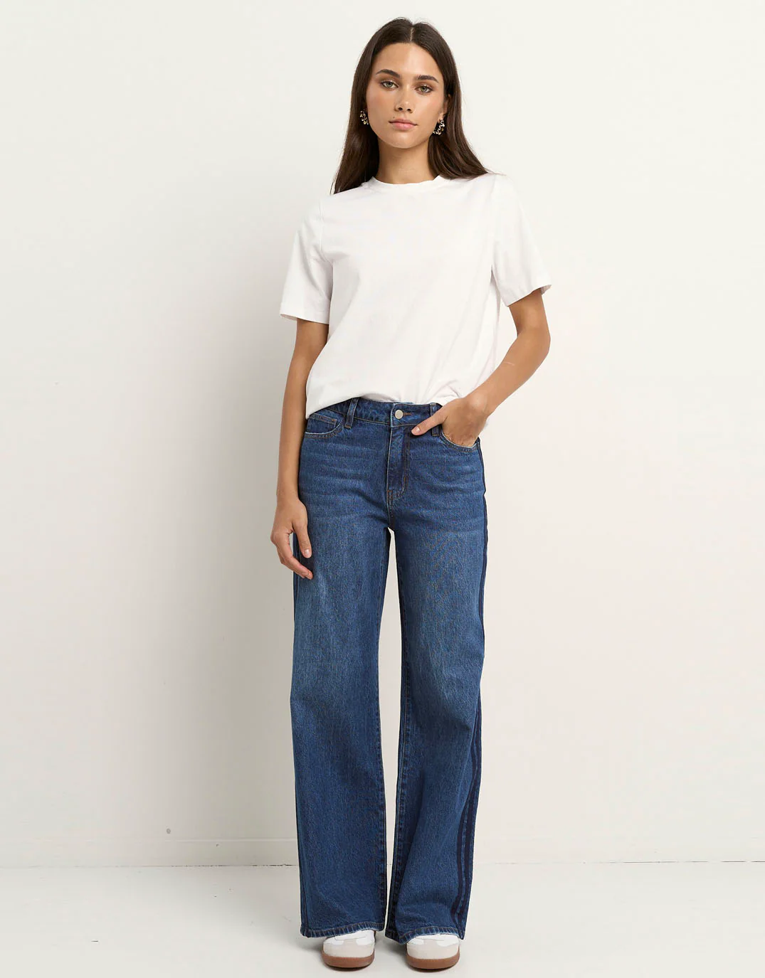 Manhattan Mid Rise Side Stripe Wide Leg Jean - Mid Blue - Image 2