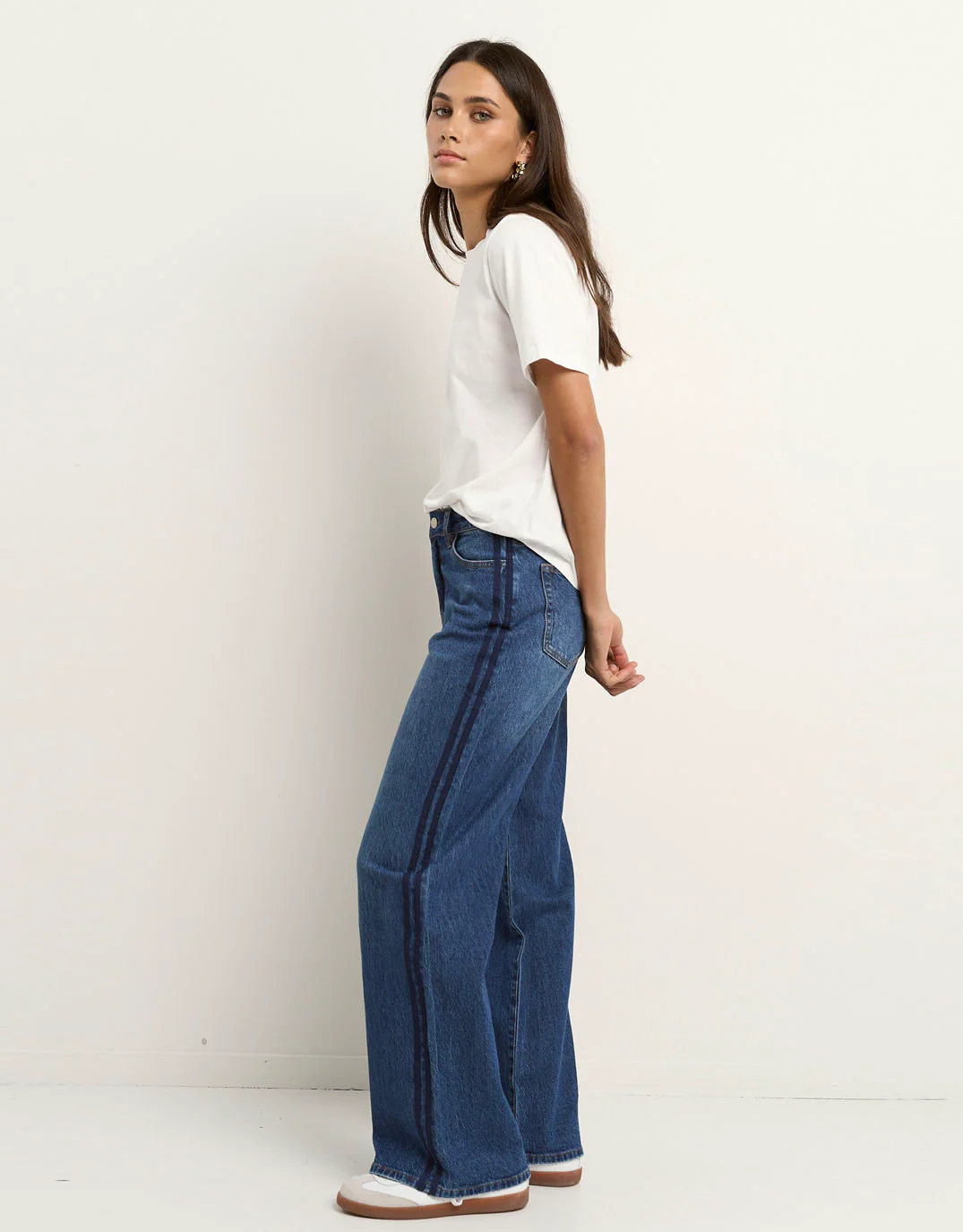 Manhattan Mid Rise Side Stripe Wide Leg Jean - Mid Blue - Image 3
