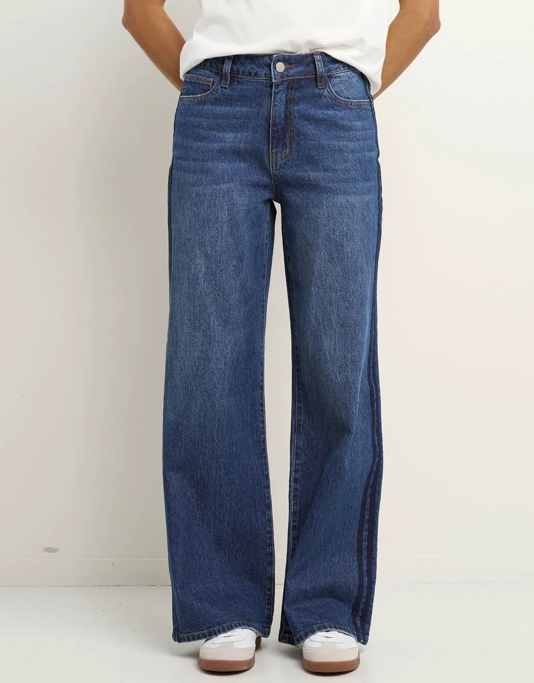 Manhattan Mid Rise Side Stripe Wide Leg Jean - Mid Blue - Image 4