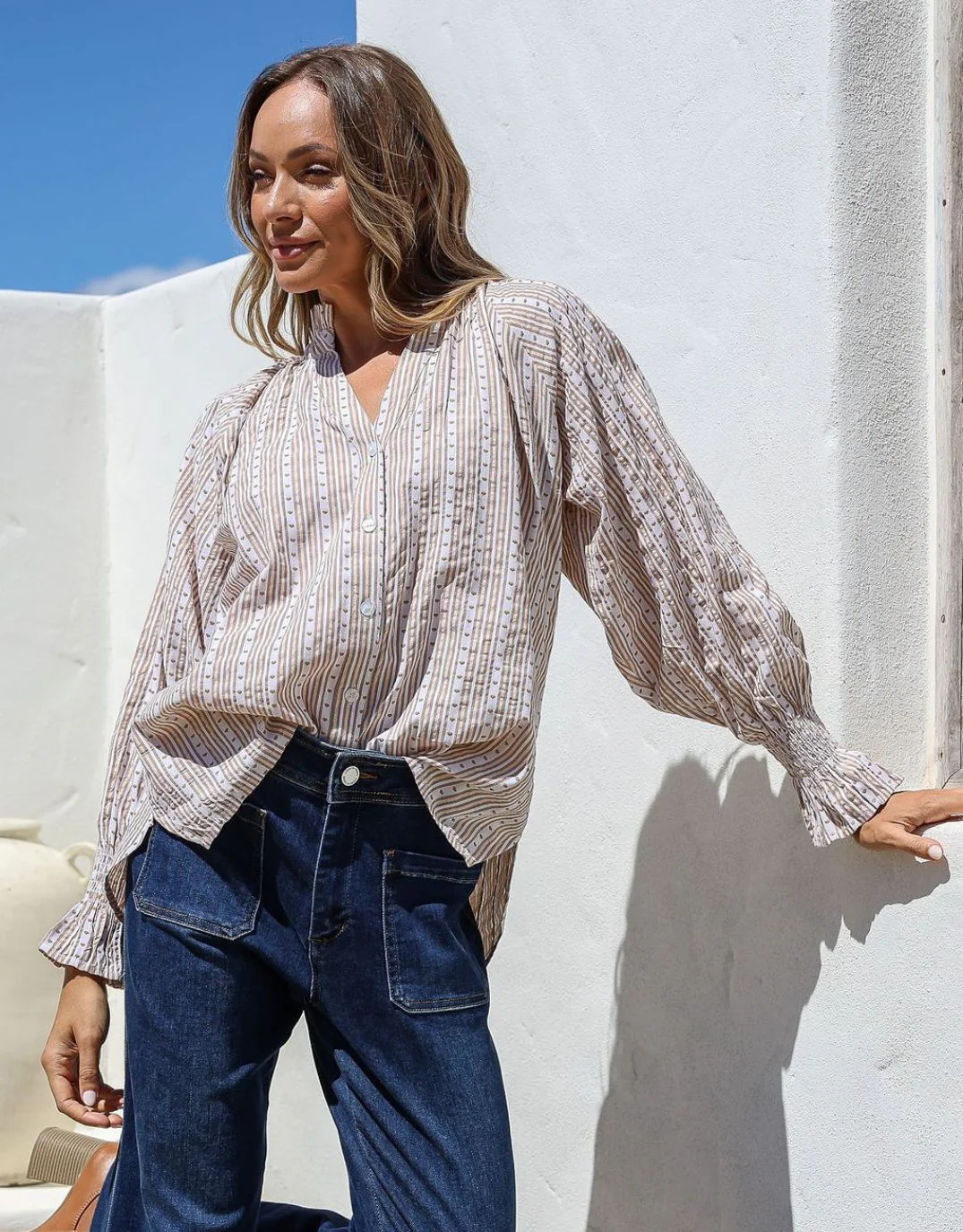 Mila Heart Stripe Blouse - Latte/White