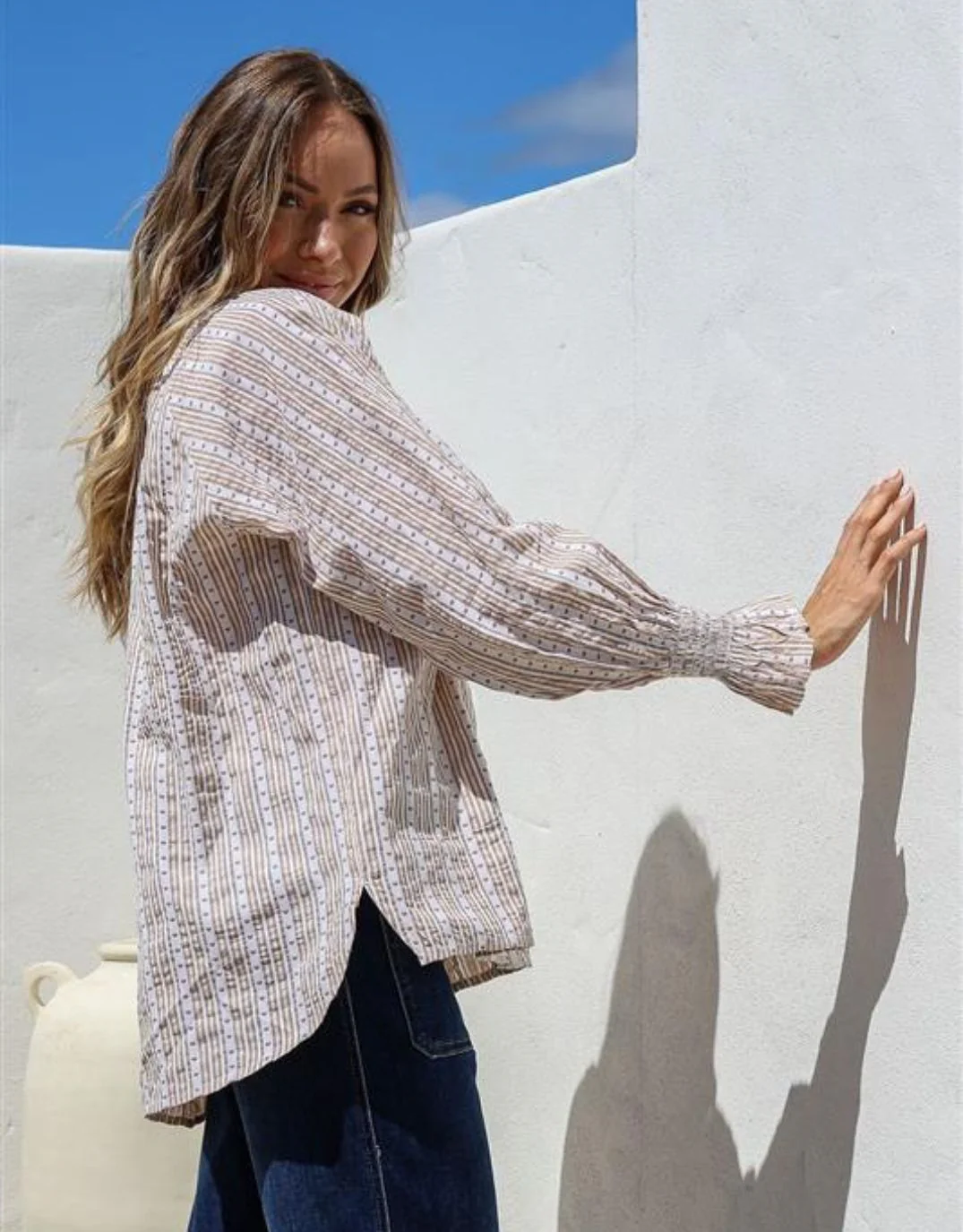 Mila Heart Stripe Blouse - Latte/White - Image 3