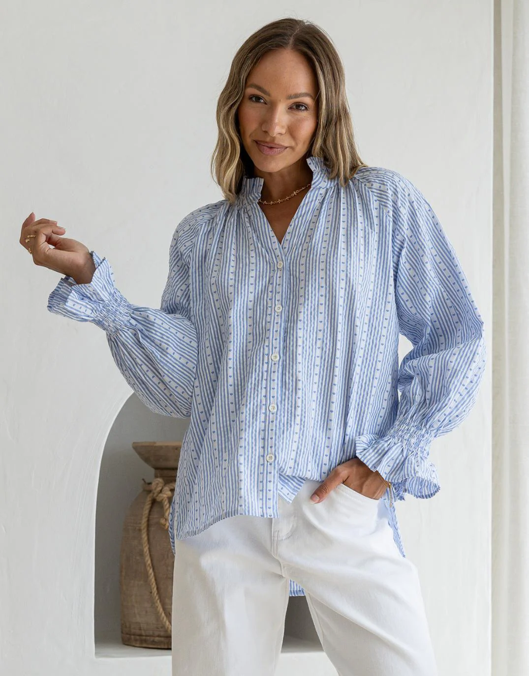 Mila Heart Stripe Blouse - Powder Blue/White
