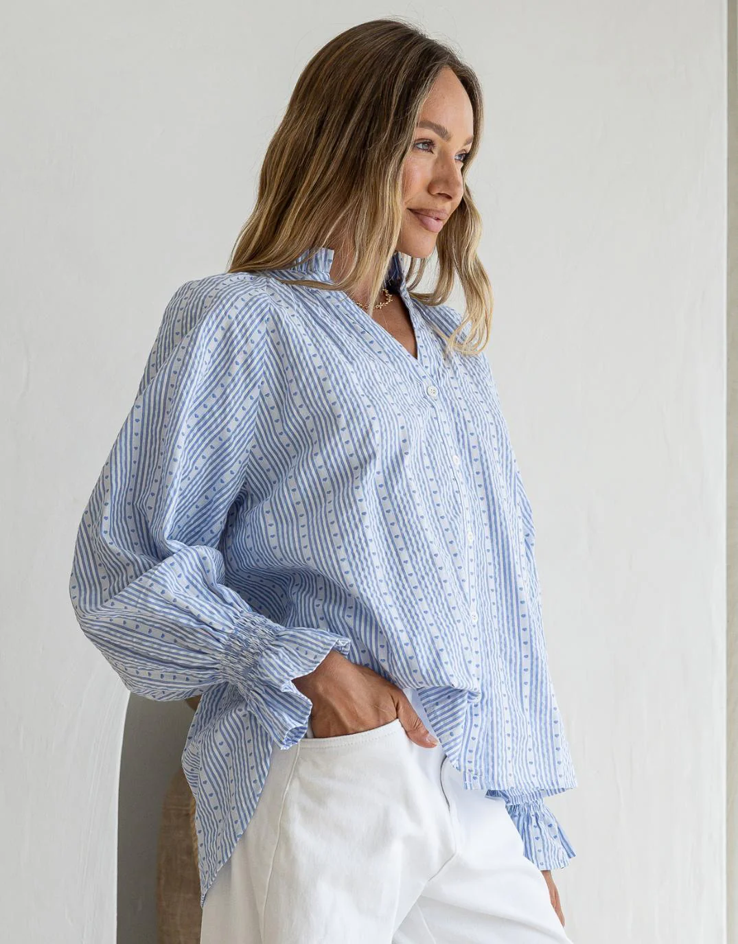Mila Heart Stripe Blouse - Powder Blue/White - Image 2