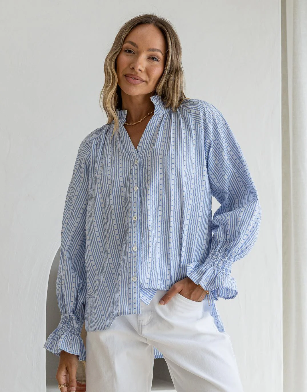 Mila Heart Stripe Blouse - Powder Blue/White - Image 6