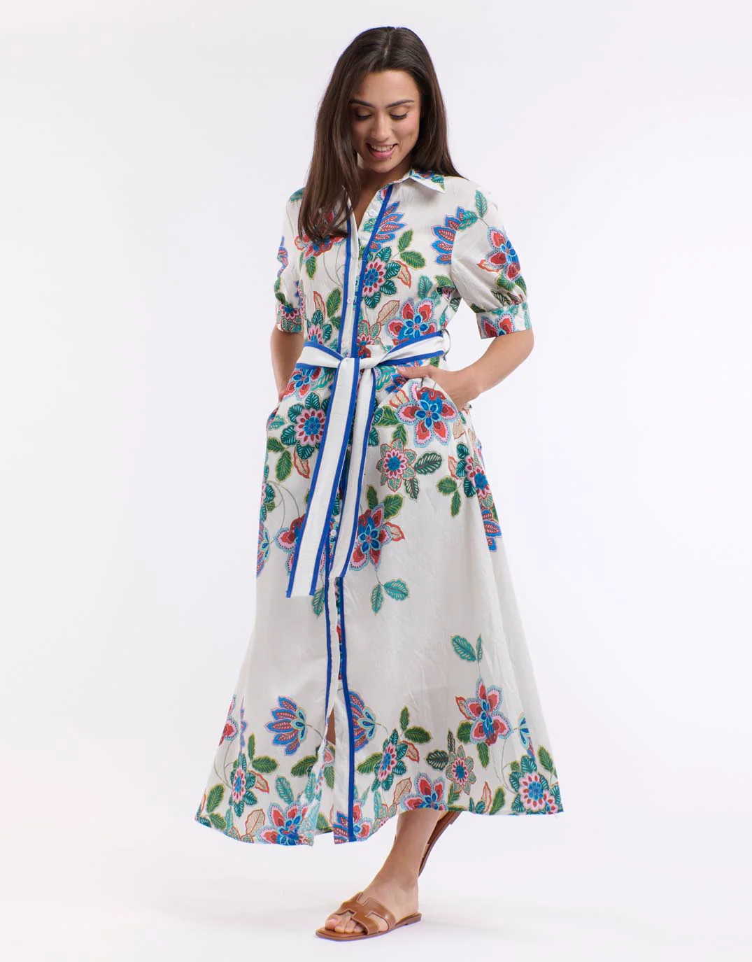 Mykonos Short Sleeve Dress - White/Blue Print