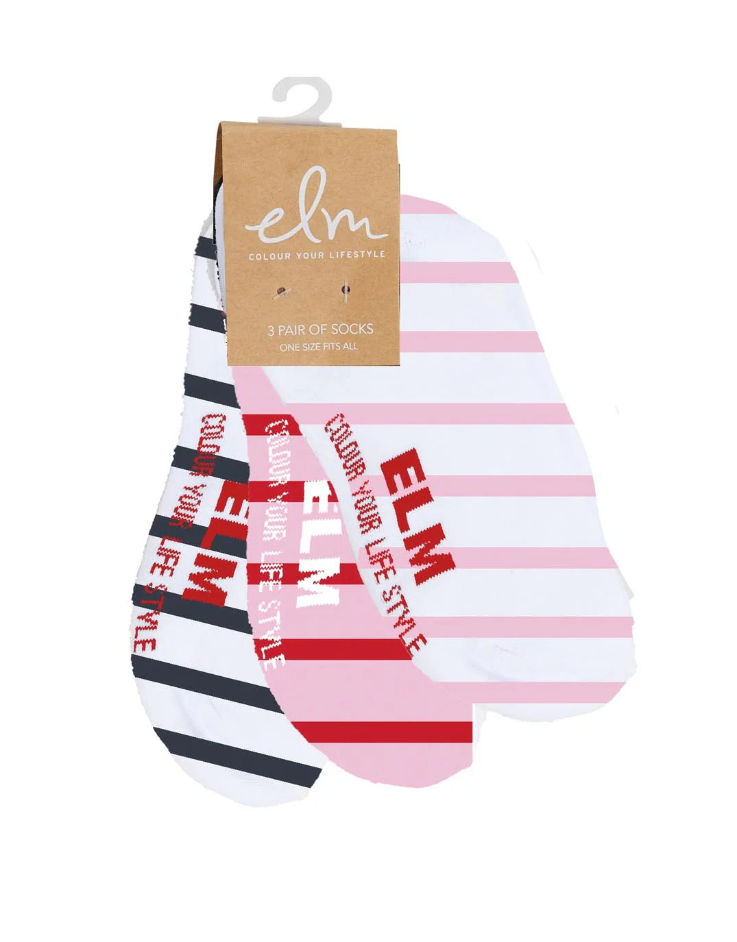 No Show Sock 3pk - Navy/Red/Pink White Stripe