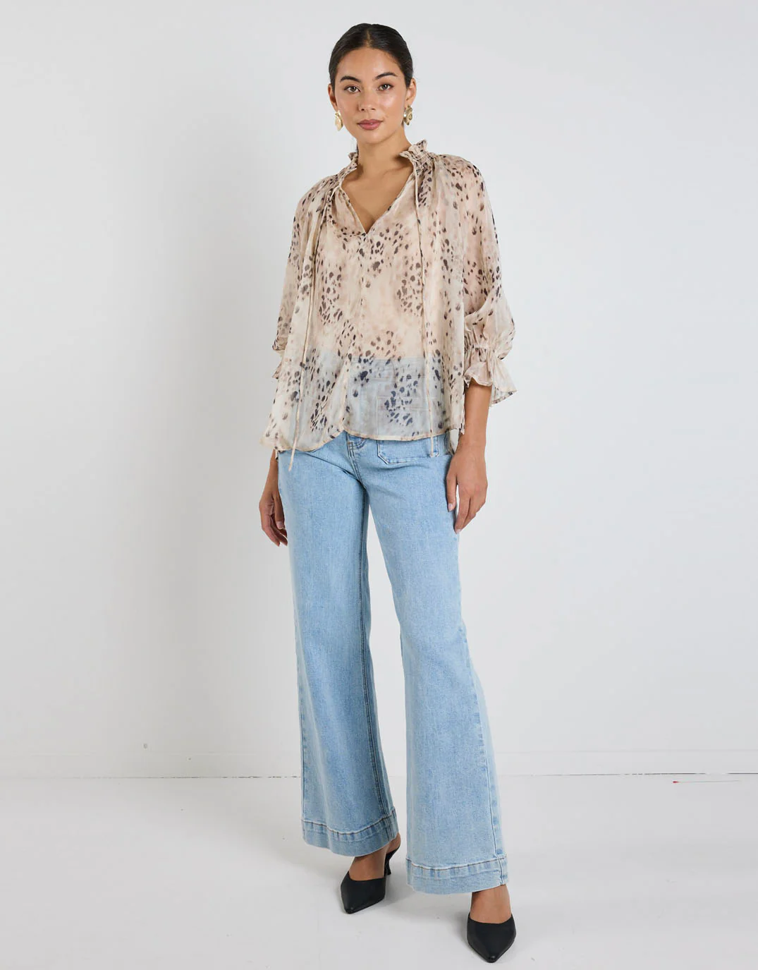 Odyssey Shirred Neck Top - Beige Animal Georgette - Image 3