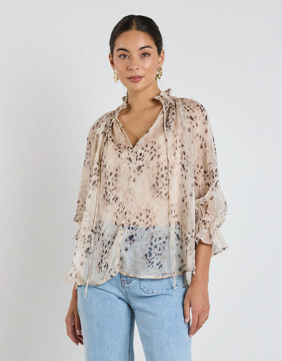 Odyssey Shirred Neck Top - Beige Animal Georgette - Image 4