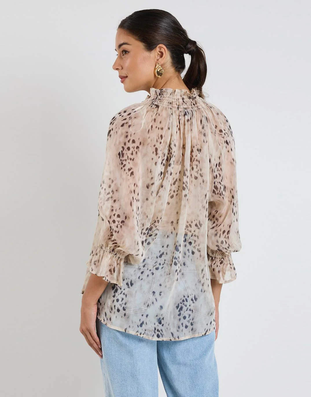 Odyssey Shirred Neck Top - Beige Animal Georgette - Image 5