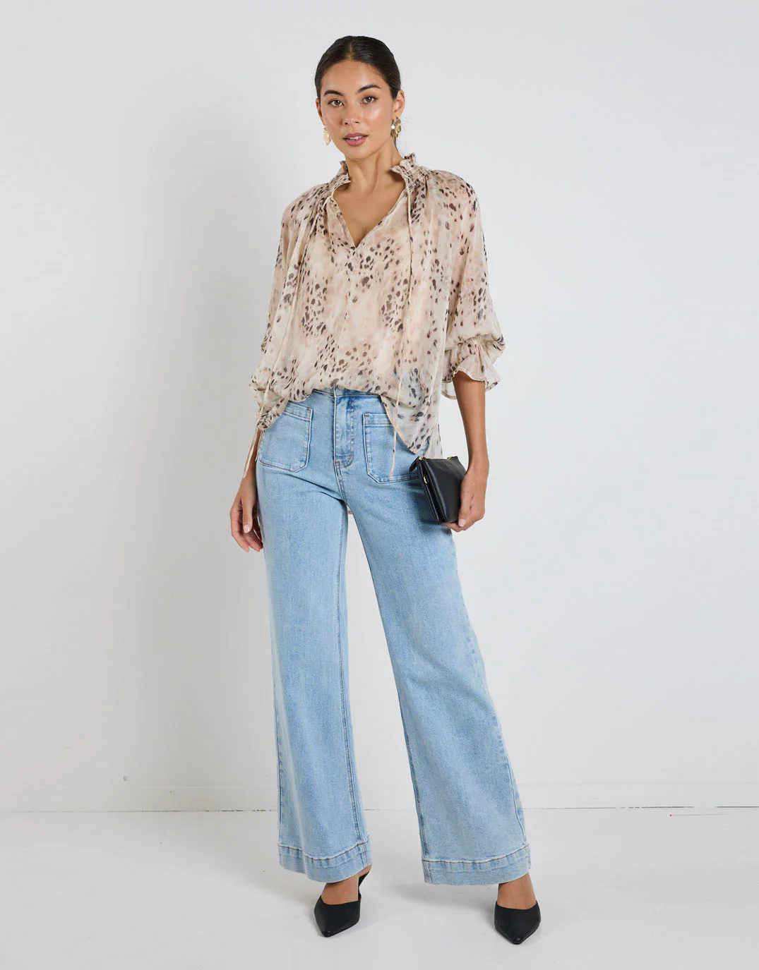 Odyssey Shirred Neck Top - Beige Animal Georgette - Image 6