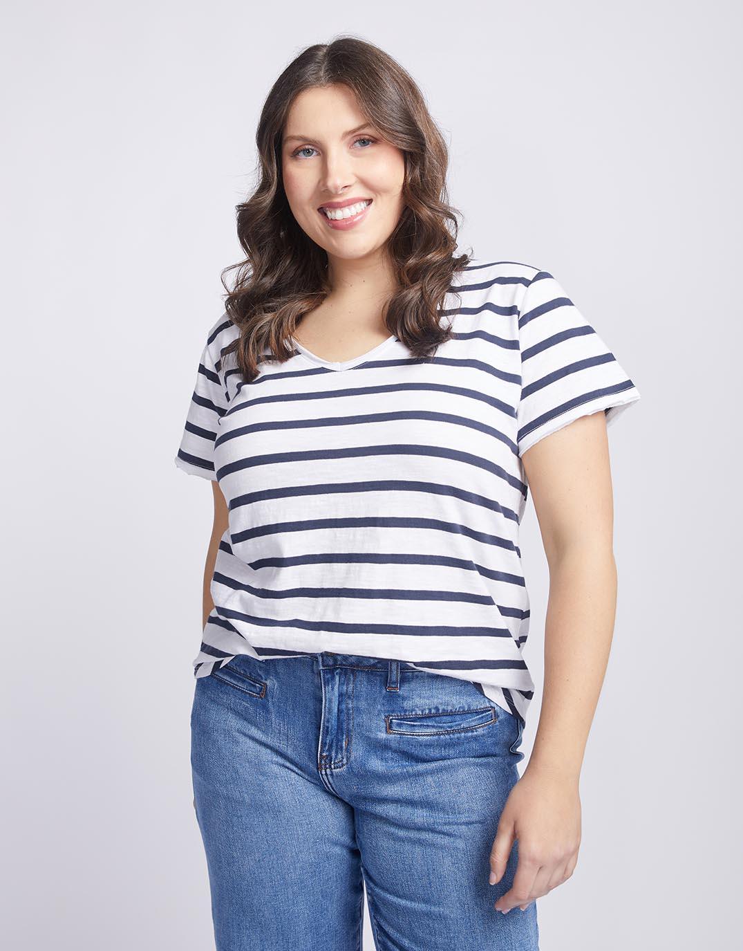 Original V Neck T-Shirt - Navy/White Stripe - Image 7