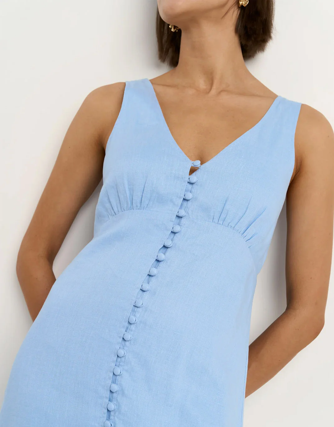 Panama Linen Sleeveless Button Front Midi Dress - Sky Blue - Image 3