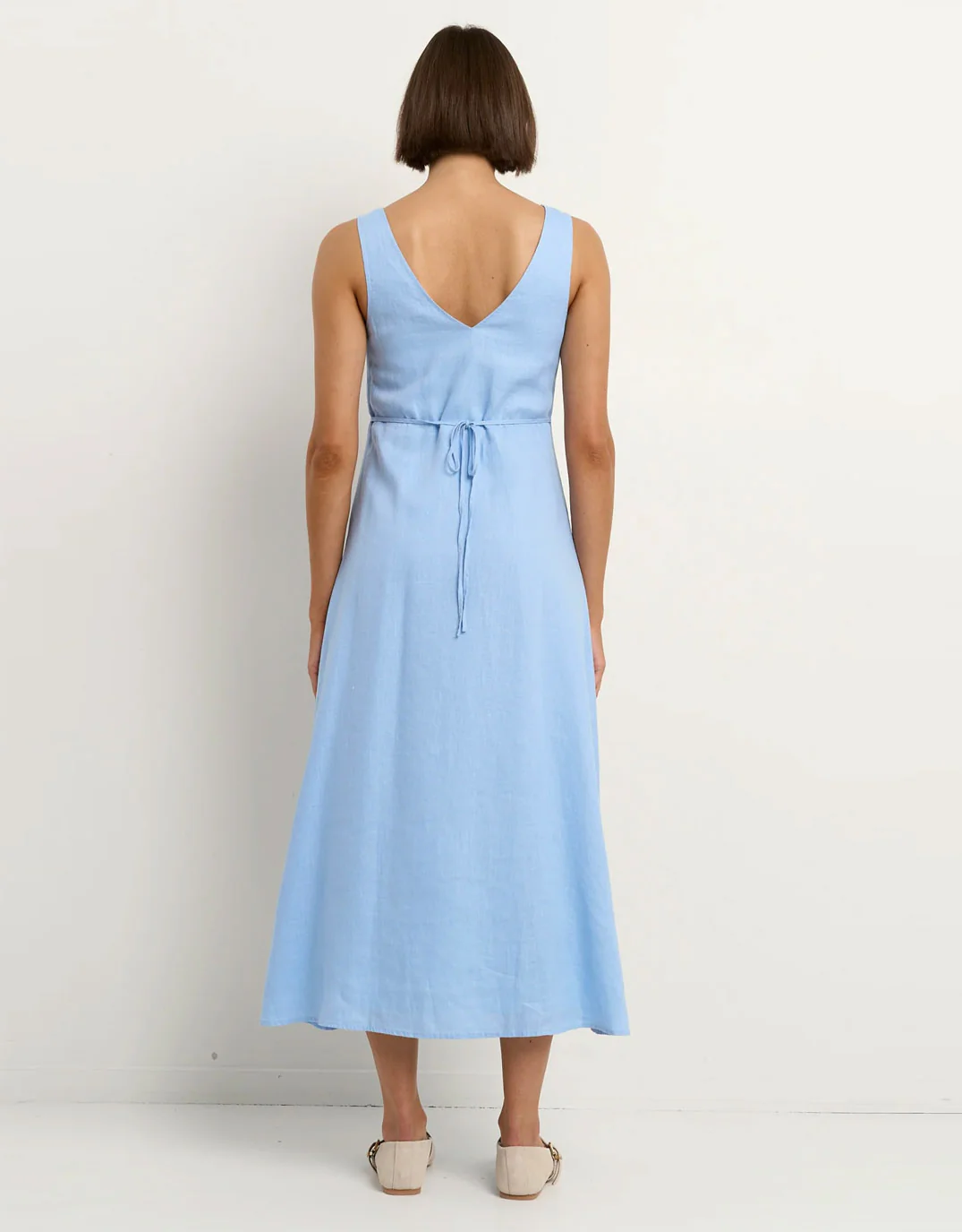 Panama Linen Sleeveless Button Front Midi Dress - Sky Blue - Image 4