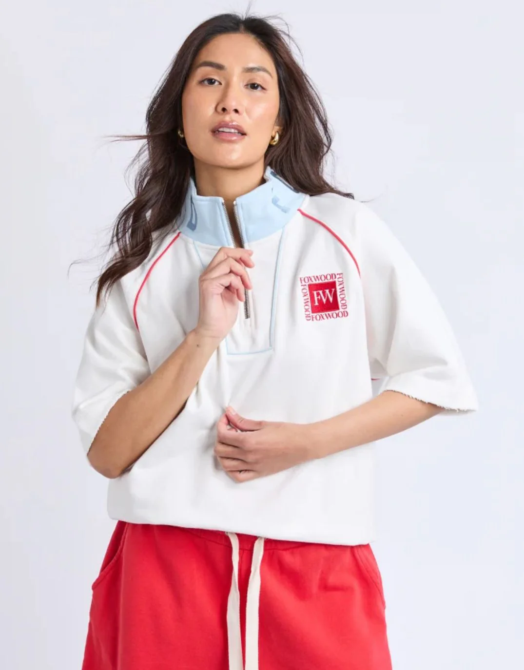Piped Zip Crew -  Vintage White