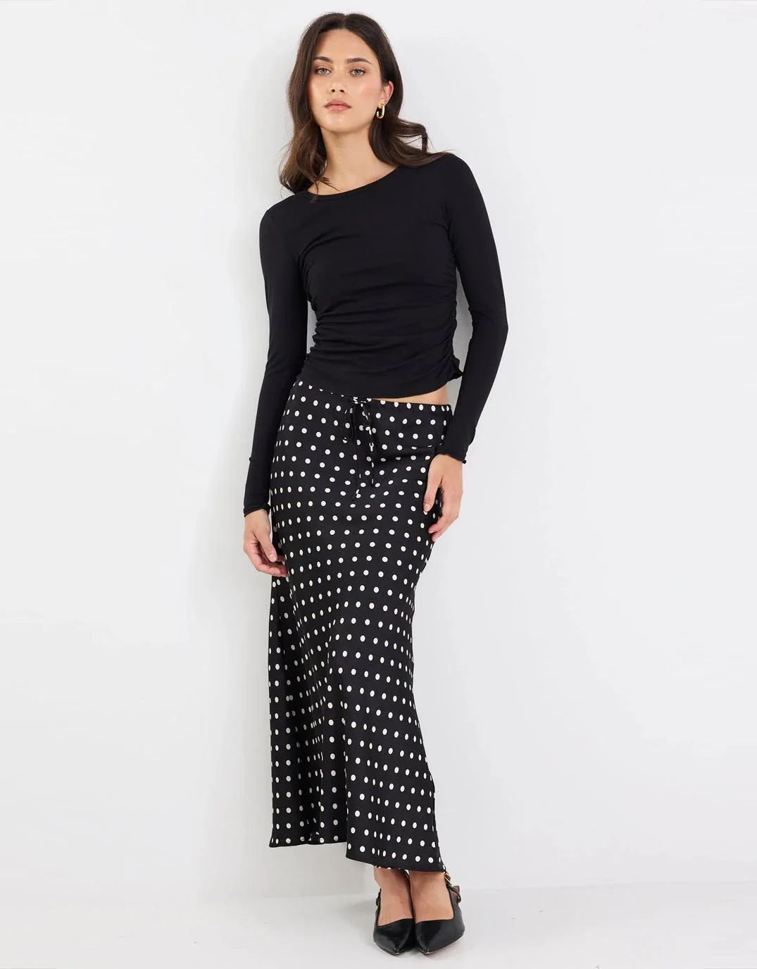 Rarity Satin Bias Maxi Skirt - Black White Polka Dot - Image 2