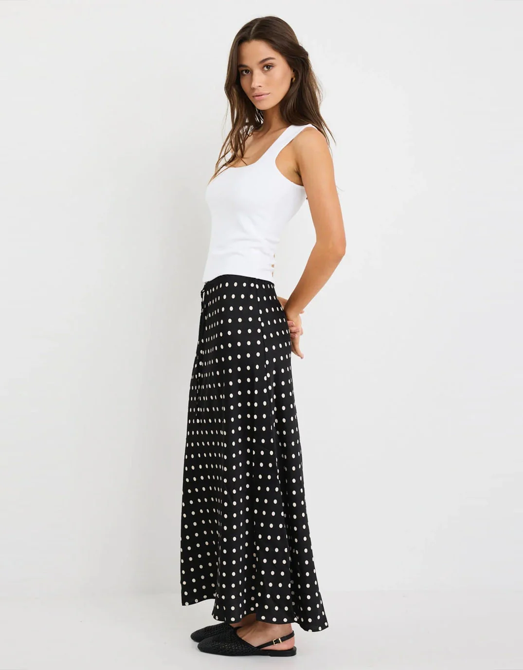 Rarity Satin Bias Maxi Skirt - Black White Polka Dot - Image 3