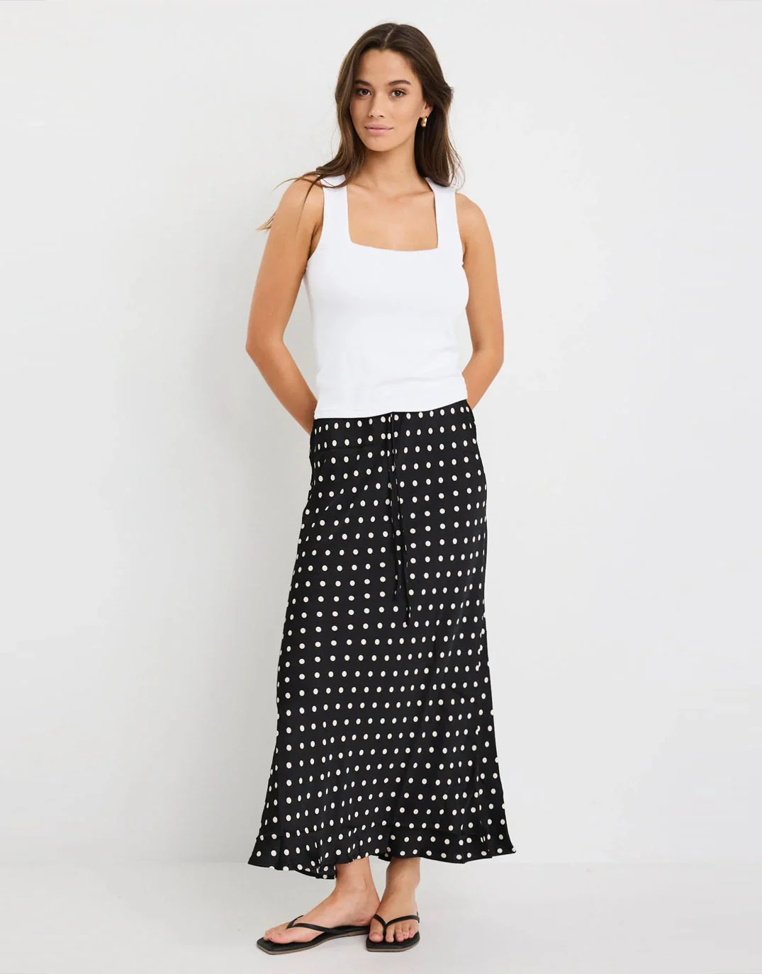 Rarity Satin Bias Maxi Skirt - Black White Polka Dot - Image 4