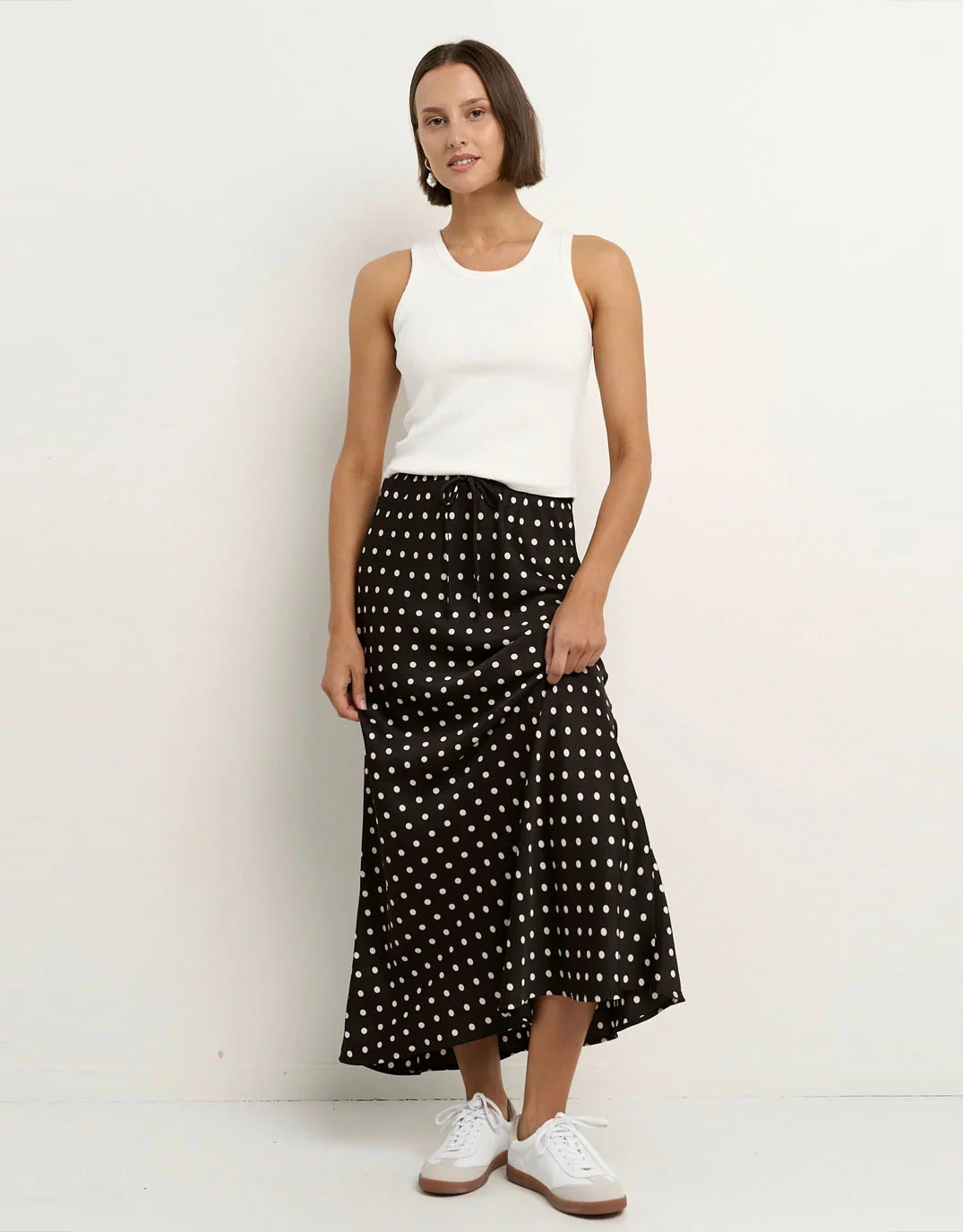 Rarity Satin Bias Maxi Skirt - Black White Polka Dot - Image 5