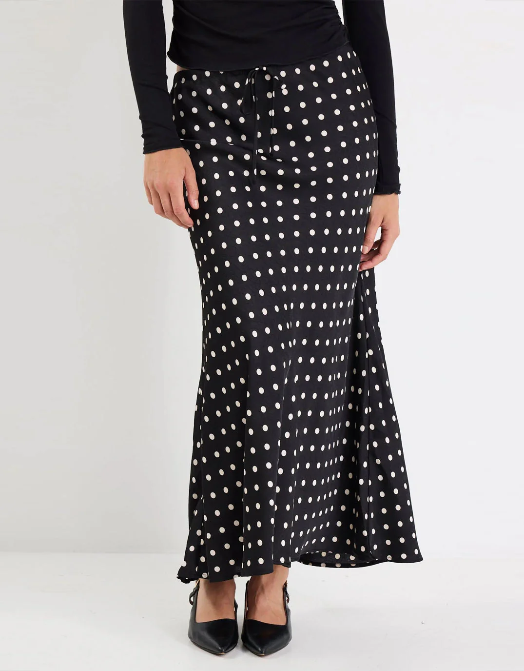 Rarity Satin Bias Maxi Skirt - Black White Polka Dot - Image 6