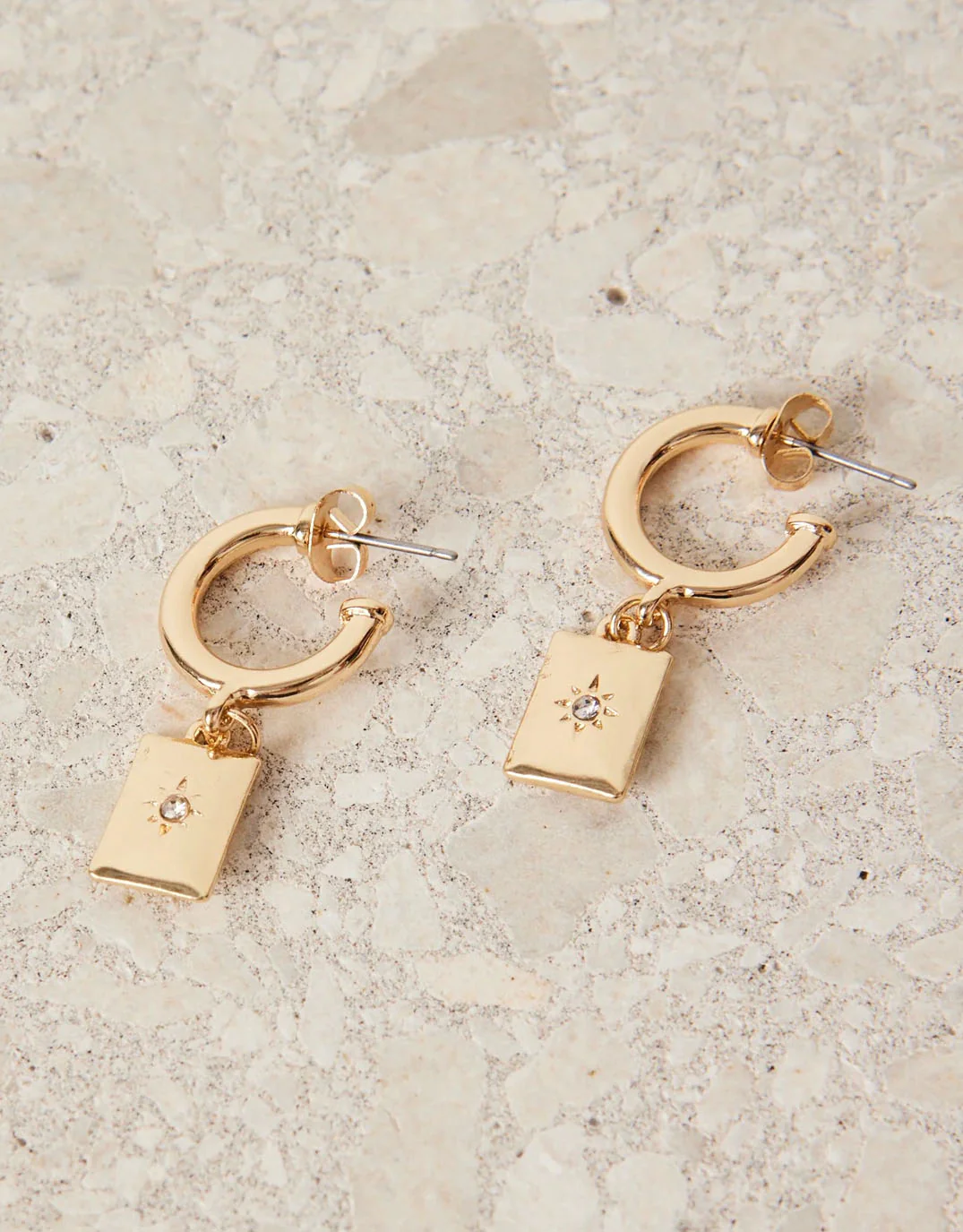 Rectangle Pendant Gold Hoop Earrings