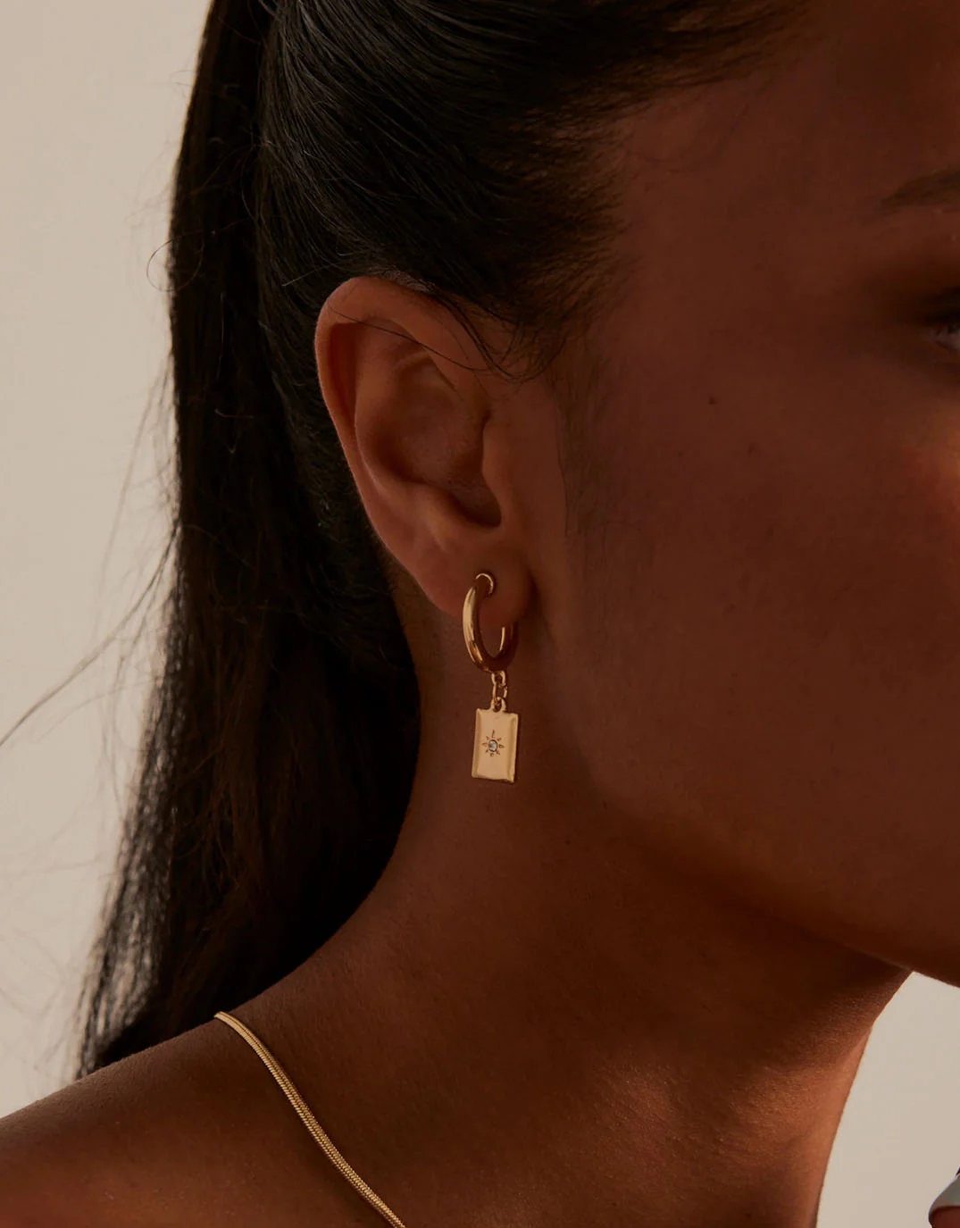 Rectangle Pendant Gold Hoop Earrings - Image 2