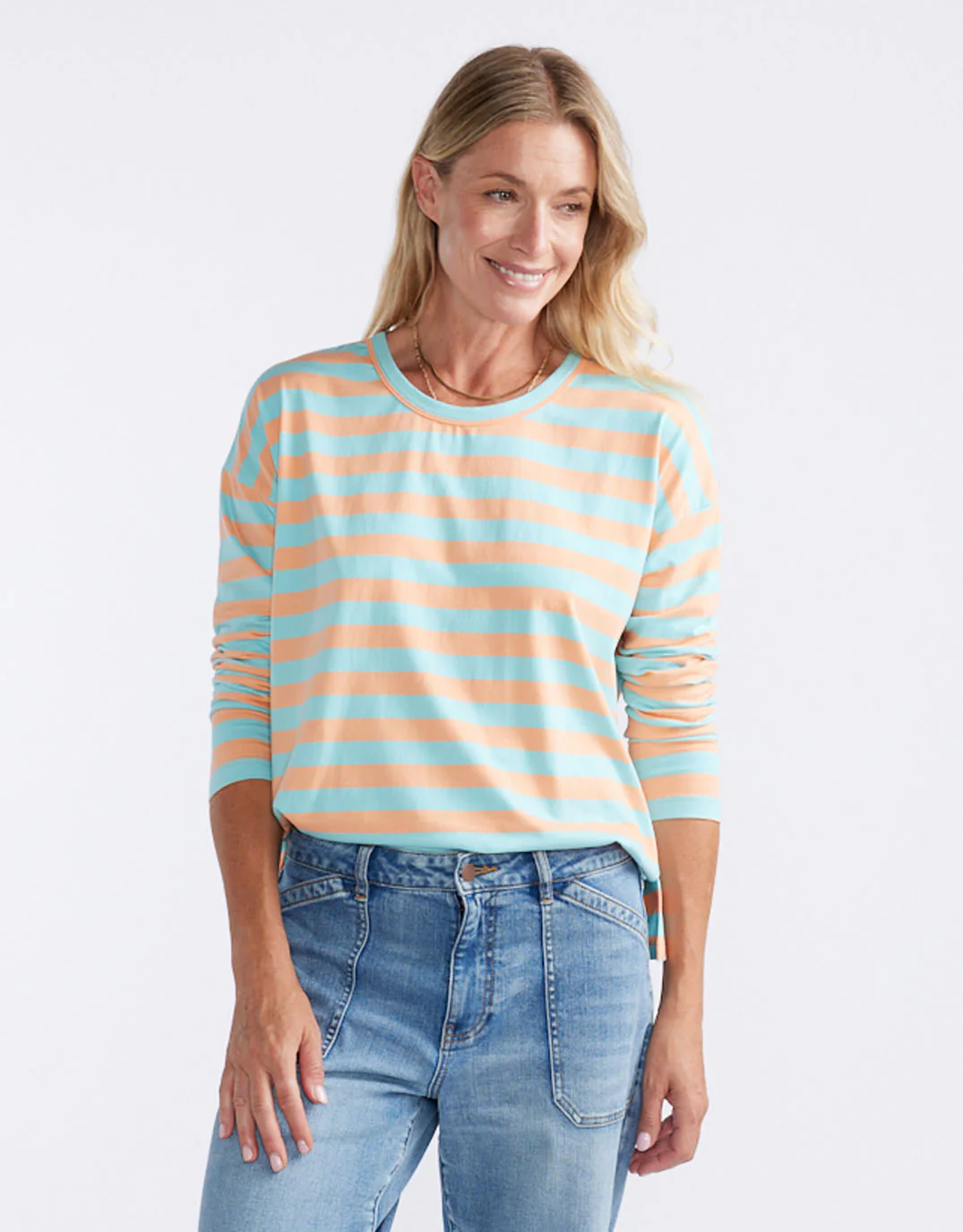 Relaxed Long Sleeve T-Shirt - Aqua/Peach Stripe - Image 2