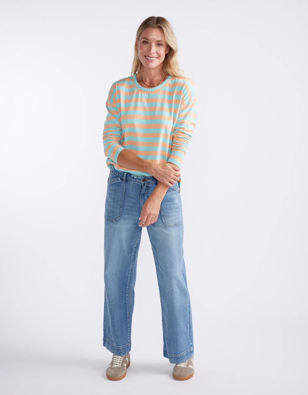 Relaxed Long Sleeve T-Shirt - Aqua/Peach Stripe - Image 3