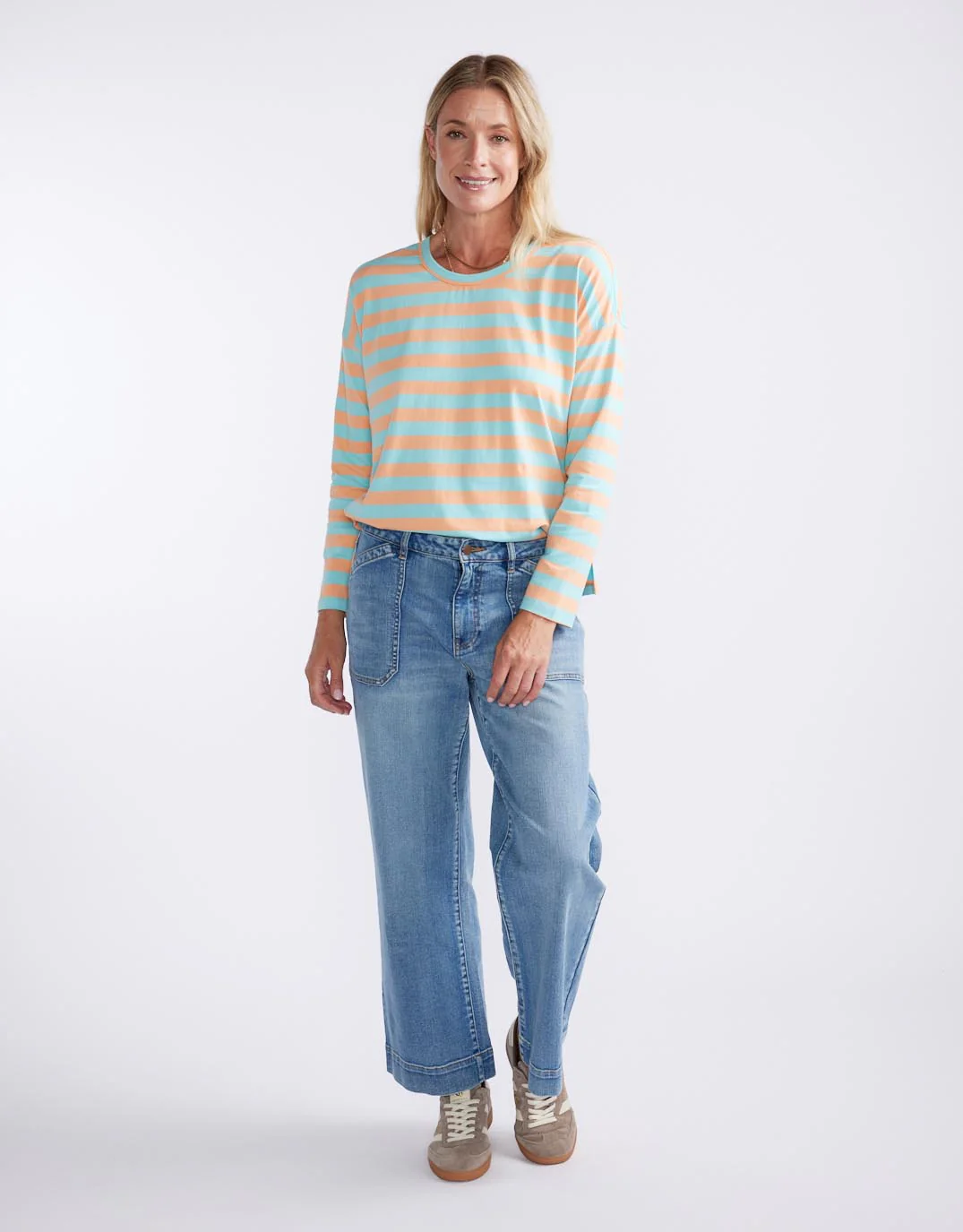Relaxed Long Sleeve T-Shirt - Aqua/Peach Stripe - Image 4