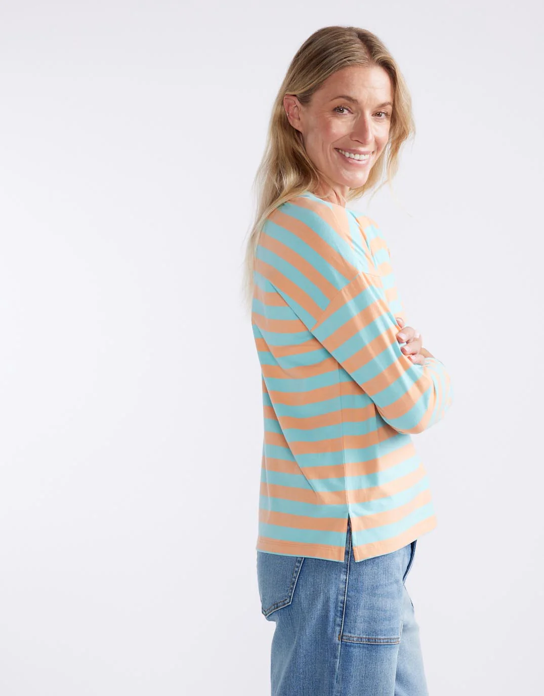 Relaxed Long Sleeve T-Shirt - Aqua/Peach Stripe - Image 5