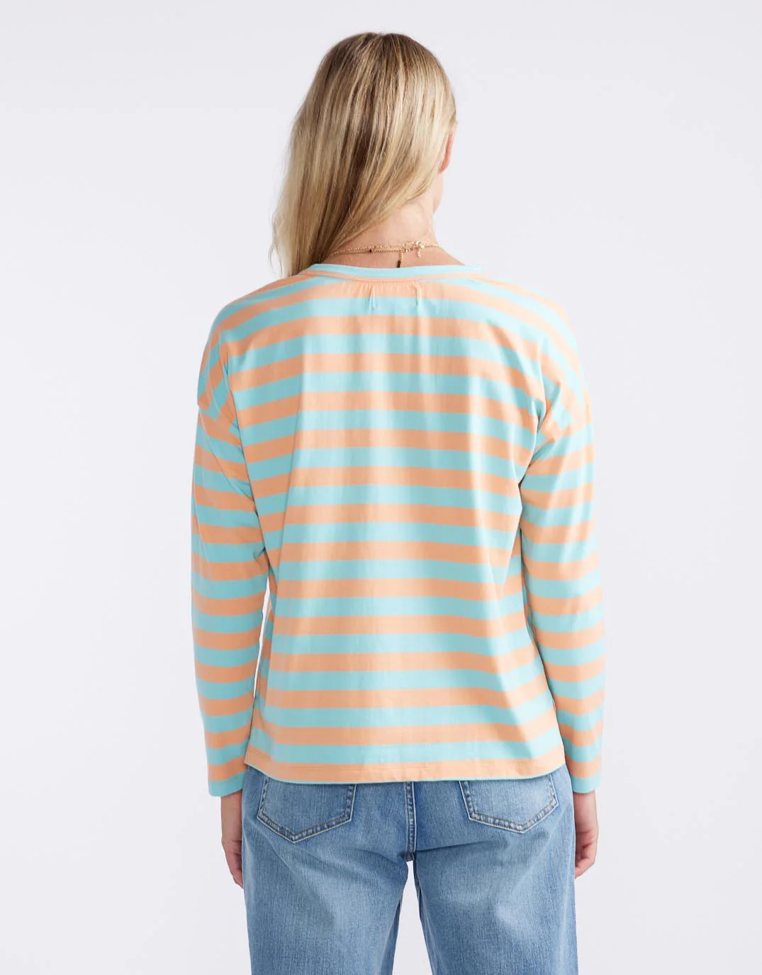 Relaxed Long Sleeve T-Shirt - Aqua/Peach Stripe - Image 6