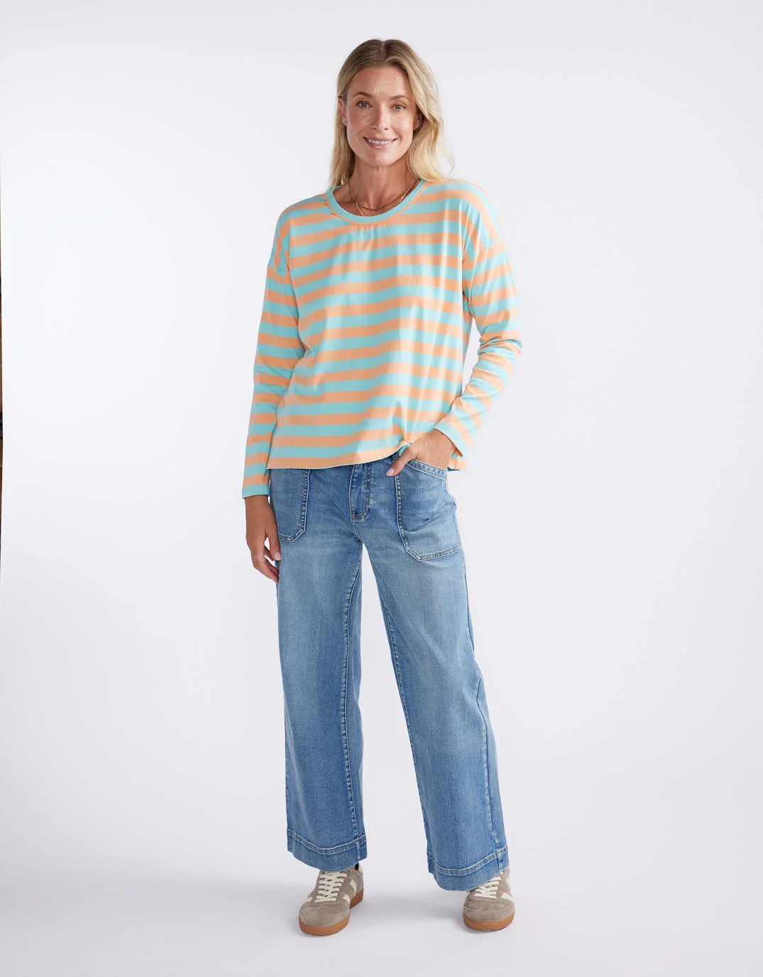 Relaxed Long Sleeve T-Shirt - Aqua/Peach Stripe - Image 7