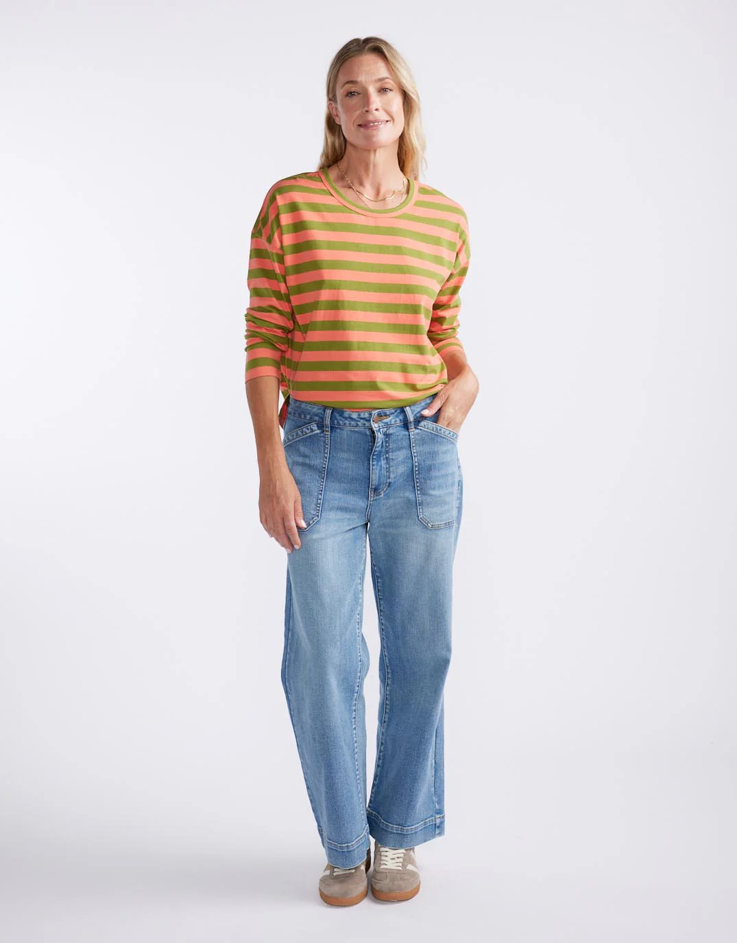 Relaxed Long Sleeve T-Shirt - Green/Melon - Image 3