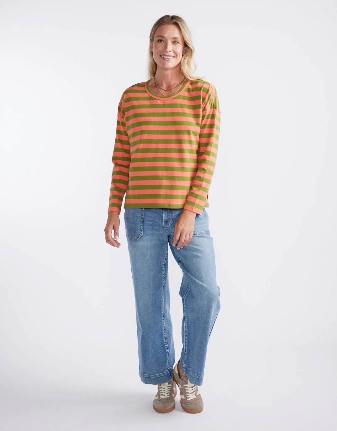 Relaxed Long Sleeve T-Shirt - Green/Melon - Image 4