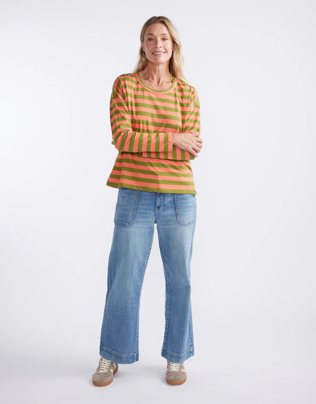 Relaxed Long Sleeve T-Shirt - Green/Melon - Image 5