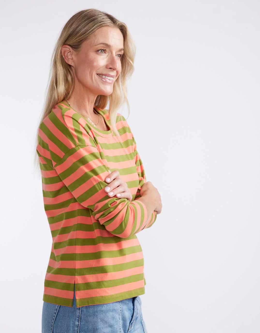 Relaxed Long Sleeve T-Shirt - Green/Melon - Image 6