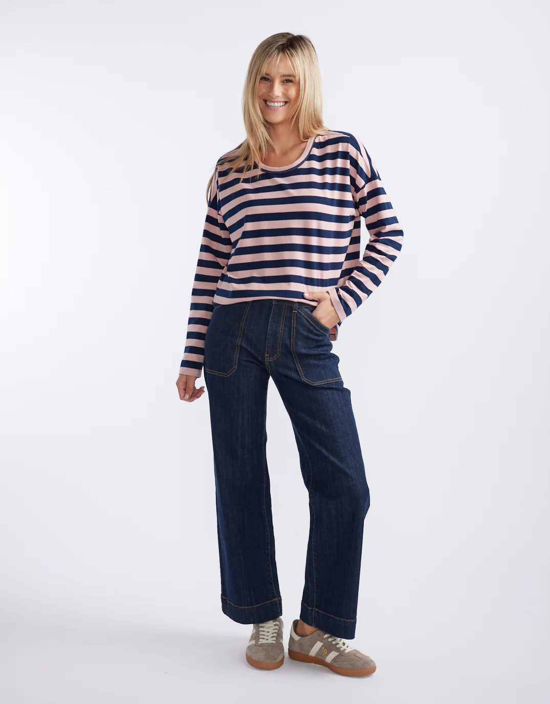 Relaxed Long Sleeve T-Shirt - Navy/Washed Pink - Image 4