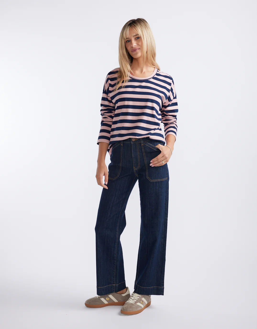 Relaxed Long Sleeve T-Shirt - Navy/Washed Pink - Image 7