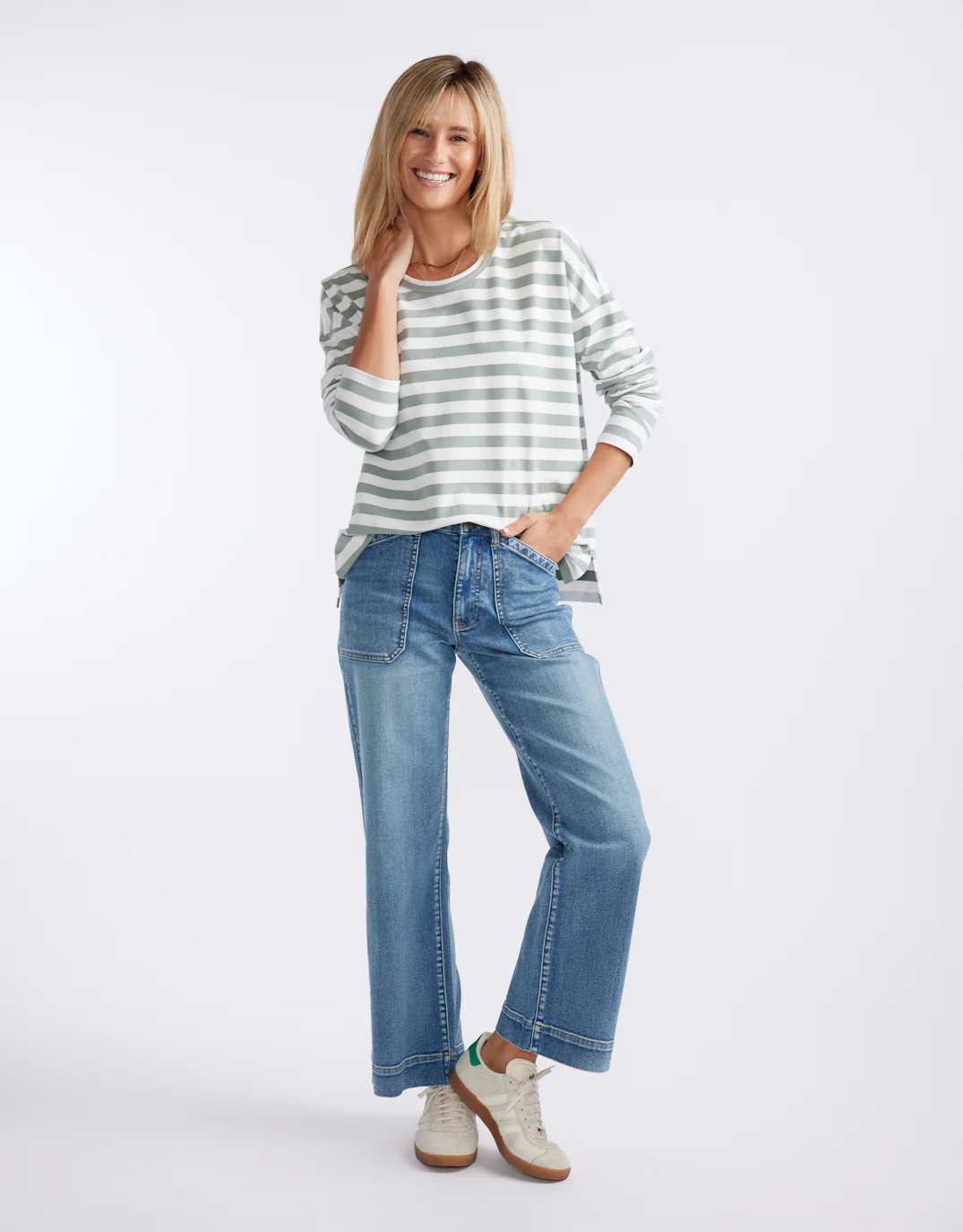 Relaxed Long Sleeve T-Shirt - Sage/Cream - Image 2