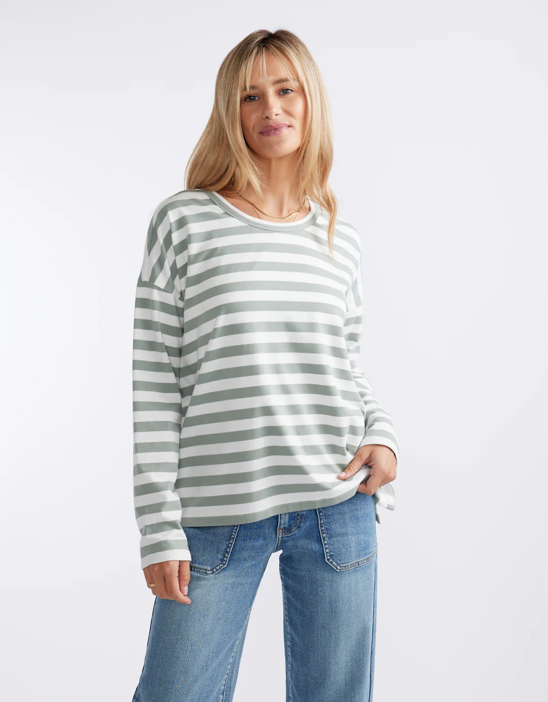 Relaxed Long Sleeve T-Shirt - Sage/Cream - Image 5