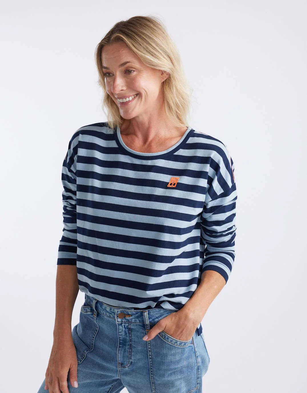 Relaxed Monogram Long Sleeve T-Shirt - Navy/Denim Stripe - Image 4