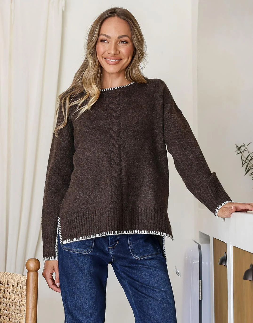 Rhea Blanket Stitch Knit - Chocolate/Latte - Image 3