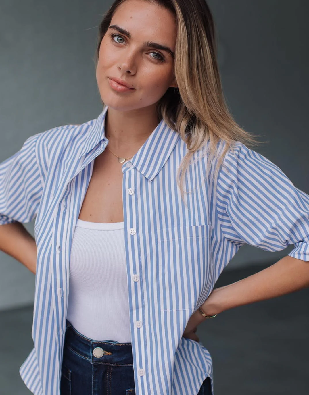 Romi Roll Tab Shirt - Blue/White - Image 3