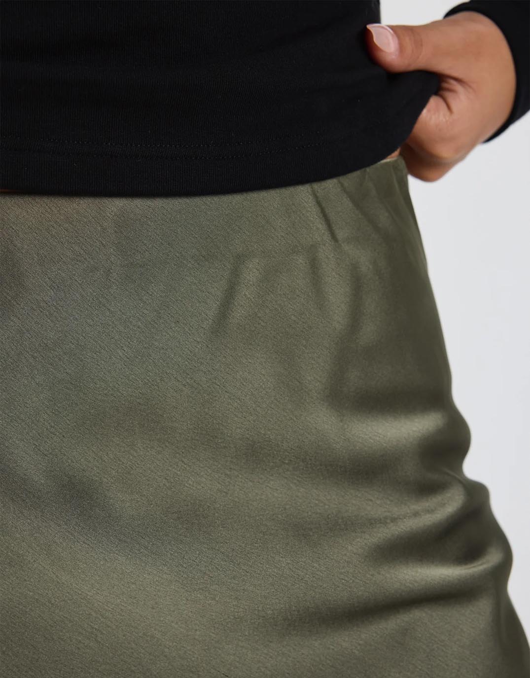 Rosette Satin Bias Midi Skirt - Khaki - Image 3